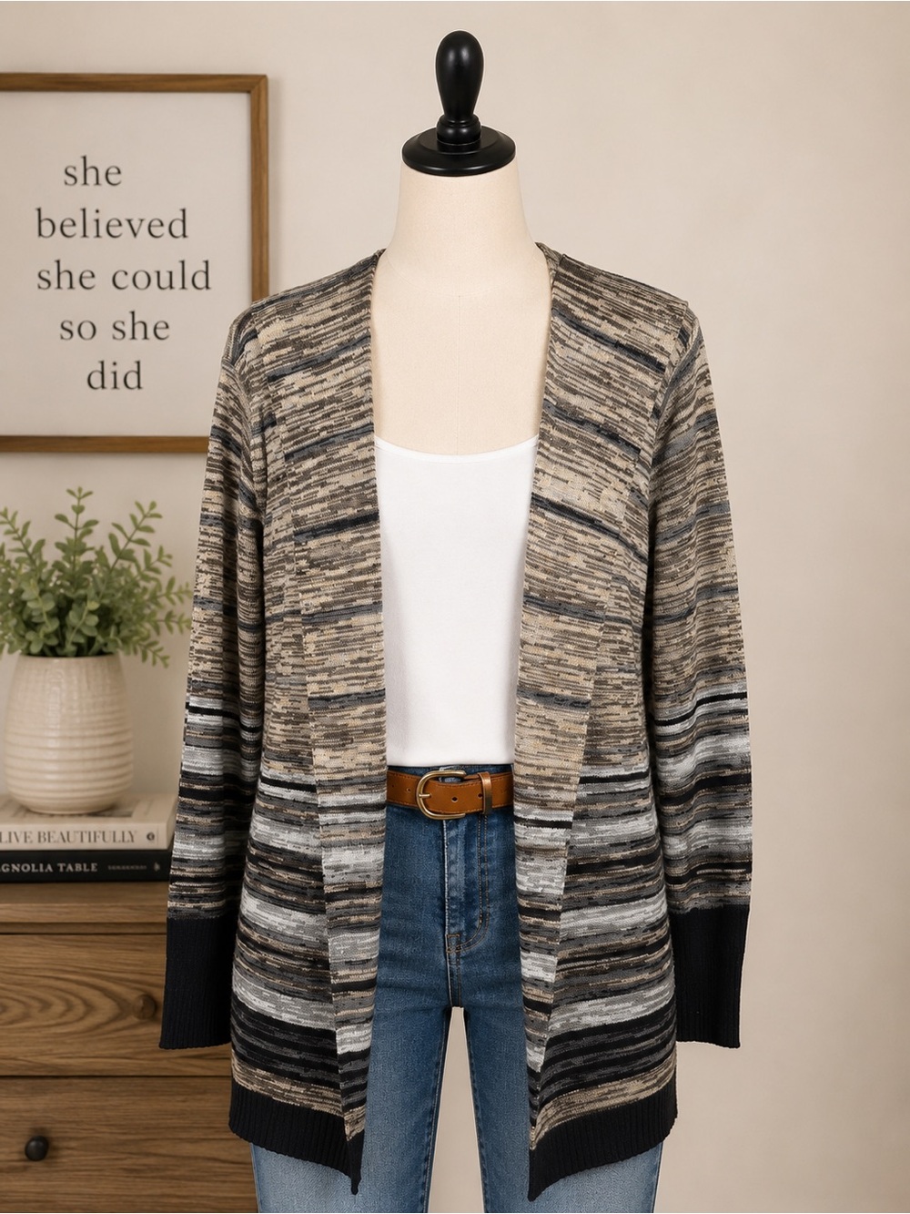 Domani Women 3X Open Front Striped Cardigan Hoodie  Gray Black Lightweight